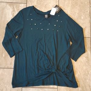 3/$12 Bobeau long sleeve bejeweled shirt tie front forest green